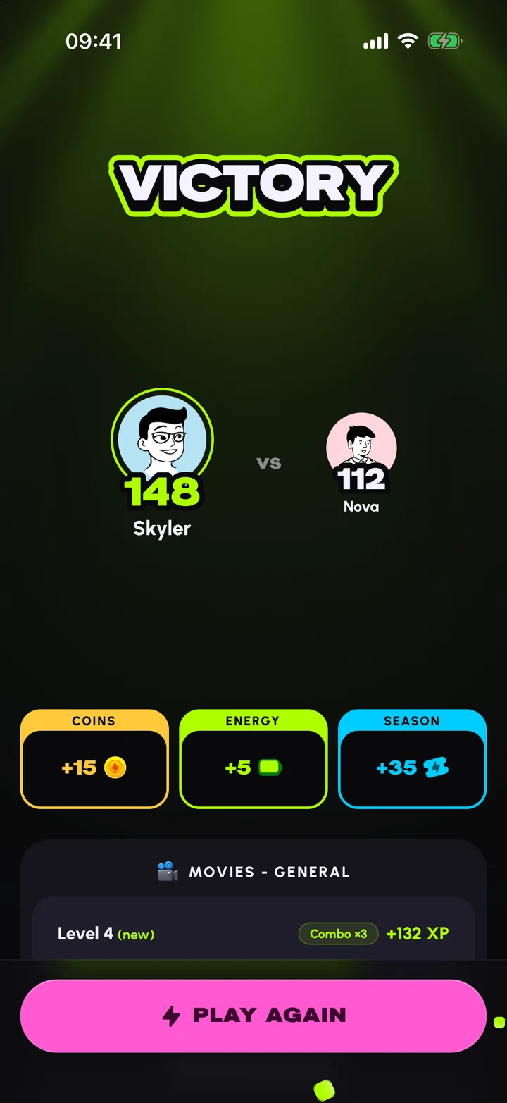 Quiz Rivals: der Siegesbildschirm nach einem Duell